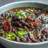 Hearty black bean and ham soup with jalapeños, topped with fresh cilantro and served with lime wedges for a spicy kick.  