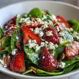 Vibrant spinach strawberry salad with poppy seed dressing, topped with feta and almonds for a fresh spring meal.