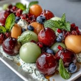 Colorful fruit arrangement featuring assorted melons, strawberries, and grapes, perfect for summer parties and paired with a zesty honey-lime dip.