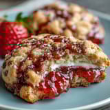 Fresh strawberry jam thumbprint cookies with golden edges and vibrant red filling, perfect for a cozy afternoon treat.