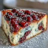 Juicy cherries nestled in a creamy vanilla bean custard, creating a warm and comforting summer treat.  