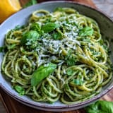 Freshly tossed lemon pesto pasta, garnished with Parmesan and lemon zest.
