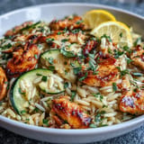 Tender chicken and zucchini nestled in orzo with zesty lemon, easy one-pan meal.