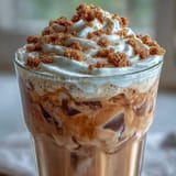 Iced chai topped with dreamy peach cobbler cold foam, a perfect summer drink.