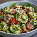 Deliciously chilled Creamy Pesto Tortellini Picnic Salad featuring cheese tortellini and bright sun-dried tomatoes.
