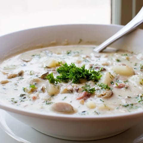 Warm Clam Chowder served in a rustic bowl with oyster crackers on the side.