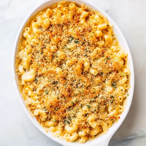 Freshly prepared creamy macaroni and cheese in a skillet, garnished with parsley and served warm.