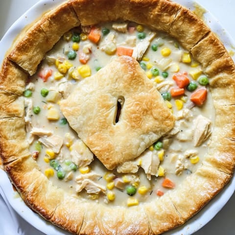 Freshly baked Chicken Pot Pie with a bubbly filling and golden egg-washed crust, ready to slice on a dinner table.