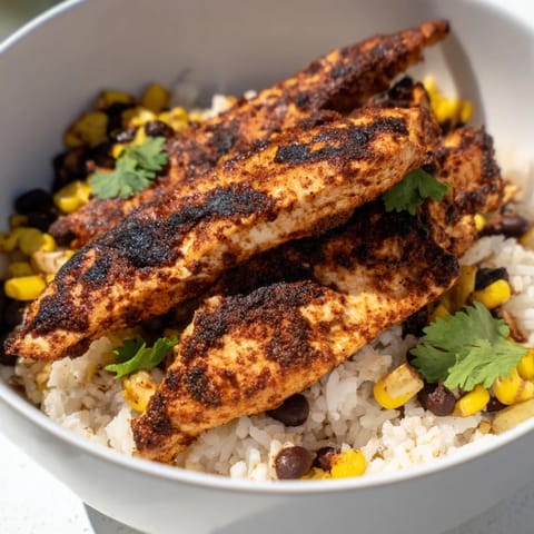 A close-up of a spicy chicken burrito bowl with fluffy rice, charred chicken, corn, beans, and cilantro.