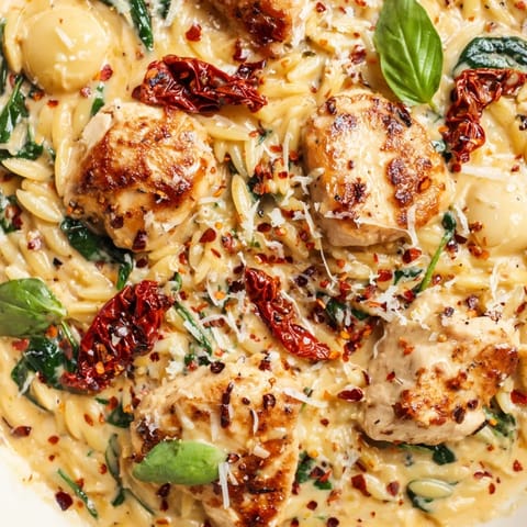 A one-pan Tuscan Chicken Orzo dinner topped with fresh basil and grated Parmesan, ready to serve with a glass of white wine.  