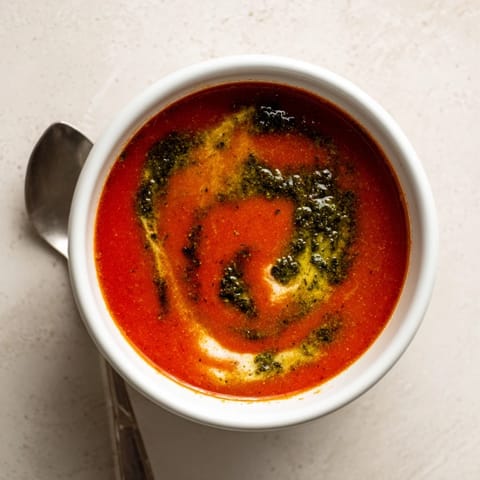 Creamy Tomato Soup with Basil Pesto Swirl in a rustic ceramic bowl, vibrant green swirl on top.