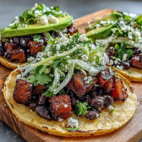 Vibrant, hearty Black Bean and Sweet Potato Tacos piled high with colorful toppings.