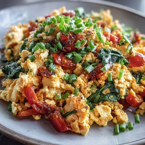 Savory tofu scramble, golden and seasoned, ready to enjoy with toast or avocado.