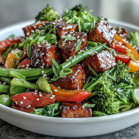 Healthy weeknight vegetable tempeh stir-fry loaded with crisp vegetables.