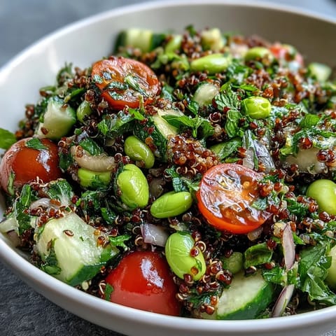 Freshly tossed Edamame and Quinoa Salad, a healthy and colorful grain bowl.