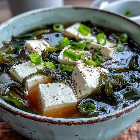 Silky tofu and soft wakame float in this flavorful miso soup.