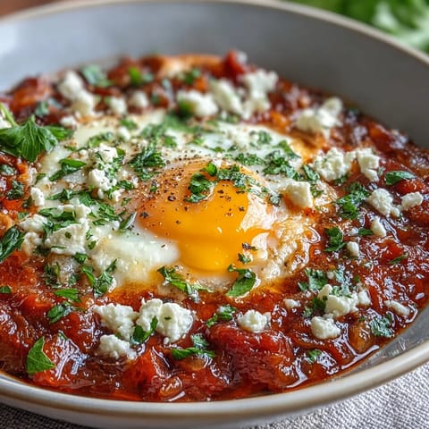 Savory shakshuka, bright with bell peppers and fluffy eggs, ready to dip.