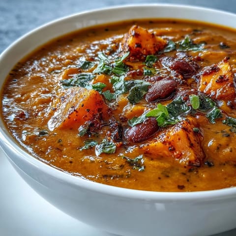 A bowl of Sweet Potato and Black Bean Soup garnished with fresh cilantro and creamy avocado slices.