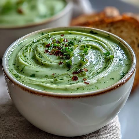 Creamy Celery and Herb Soup is blended silky smooth, garnished with fresh herbs and a swirl of crème fraîche.
