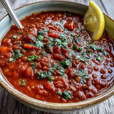 A hearty bowl of homemade Tomato Lentil Soup with a spoon, served alongside crusty bread for dipping.
