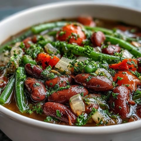 Steamy bowl of Three-Bean Salad Soup with kidney beans, green beans, and fresh parsley garnish.