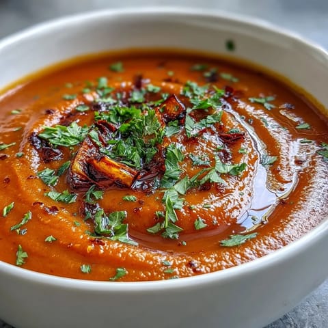 A bowl of velvety Roasted Vegetable Soup with golden-brown roasted carrots, sweet potatoes, and peppers. 