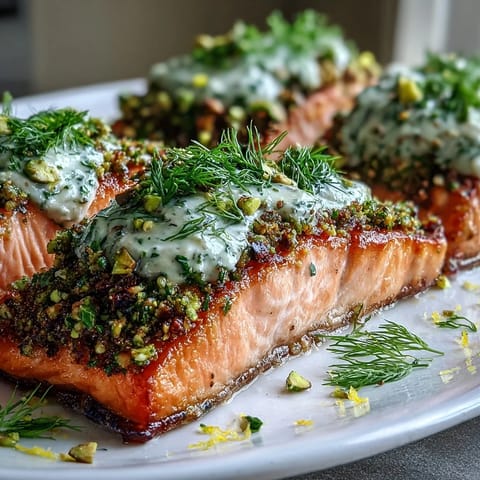 Golden tahini, pistachio, and herb topping adds texture to tender Confit Salmon with Tahini, Pistachio and Herb Crust.