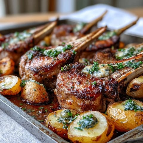 Perfectly medium-rare One-Pan Roast Rack of Lamb and Green Olive Potatoes, finished with a vibrant olive-parsley mix for a romantic gluten-free dinner.