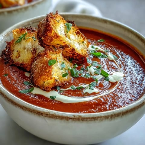 Close-up of Roasted Red Pepper Soup With Crispy Croutons highlighting silky texture and crunchy garnish.