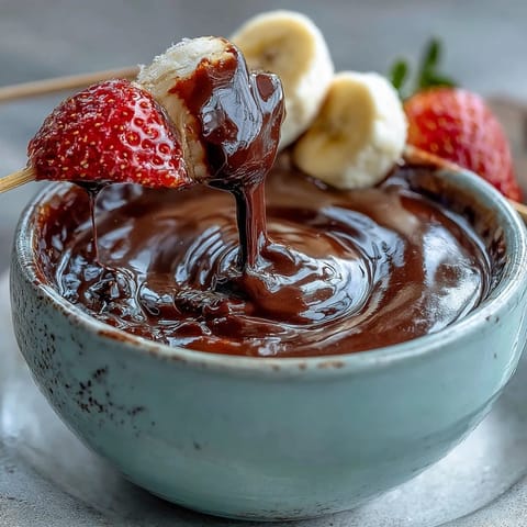 A close-up of Boozy Chocolate Fondue being drizzled over a cube of pound cake, showing its rich, glossy texture.