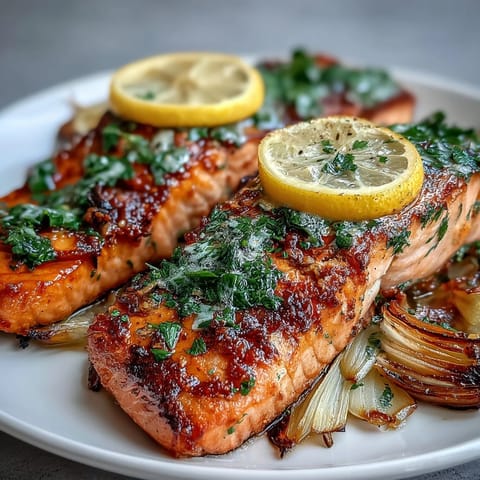 Freshly prepared One-Pan Roast Salmon showcases lemon slices and zesty parsley dressing, ideal for an easy gluten-free weeknight dinner. 