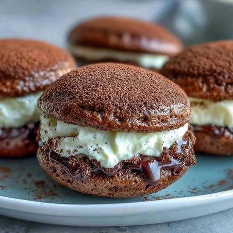 Two frosted Tiramisu Whoopie Pies rest on a plate, showing the luscious espresso filling between dark cocoa layers. 