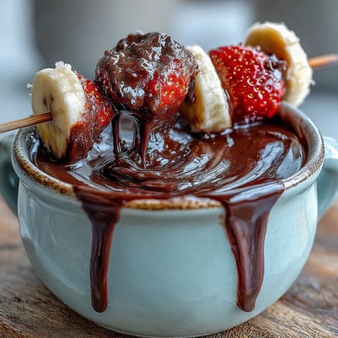 Golden Boozy Chocolate Fondue bubbling warmly in a pot with fresh strawberries, apple slices, and marshmallows ready for dipping.