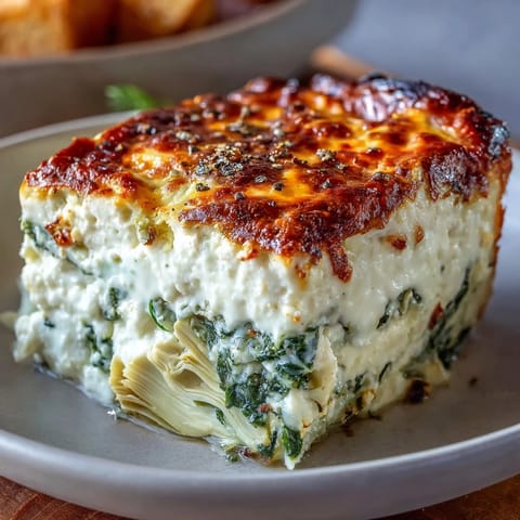 A close-up of High Protein Spinach Artichoke Bake, highlighting creamy cottage cheese texture and chopped spinach in a square pan.
