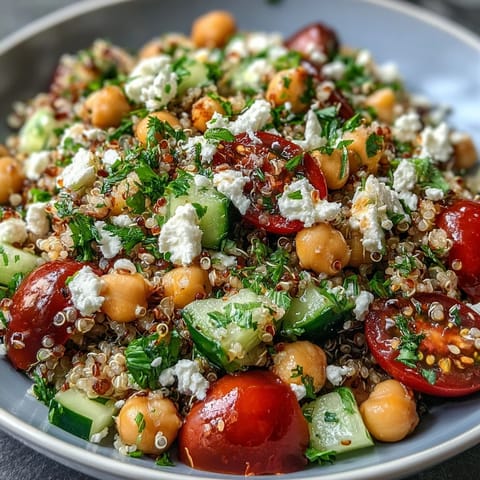 A colorful bowl of High Protein Quinoa & Chickpea Salad featuring chickpeas, fresh parsley, and a bright lemon dressing for a zesty flavor.