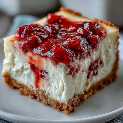 Fresh raspberry garnish sits atop a thick slice of Indulgent White Chocolate Raspberry Cheesecake Bliss, revealing layers of dense filling and ruby-red fruit ribbons.
