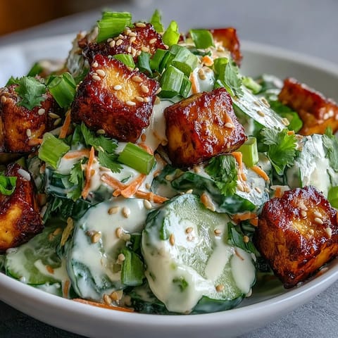A close-up of golden, ultra-crispy tofu cubes and crunchy cucumber slices tossed in creamy sesame-ginger dressing, garnished with fresh green onions and sesame seeds.