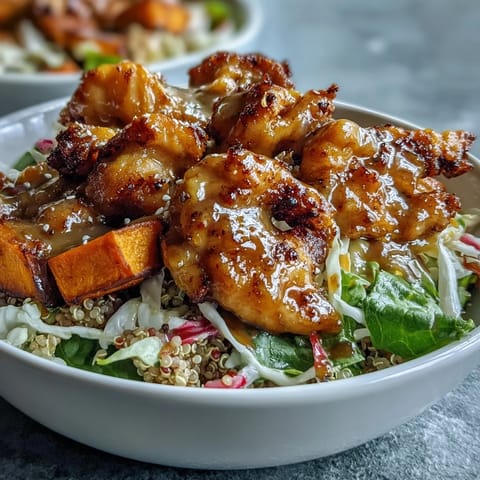 A close-up of a Hot Honey Chicken Bowl with spiced chicken, roasted sweet potatoes, and red cabbage slaw on fluffy quinoa, all drizzled with tangy dressing.