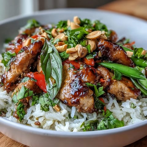 Creamy coconut rice and tender Thai chicken topped with crisp vegetables and fresh herbs in a vibrant bowl.