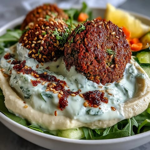 A colorful falafel bowl with fresh greens, cherry tomatoes, cucumber, and drizzled tahini sauce.
