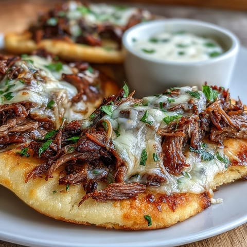 Slow-cooked shredded beef melts inside warm garlic naan, stuffed with gooey mozzarella and provolone.