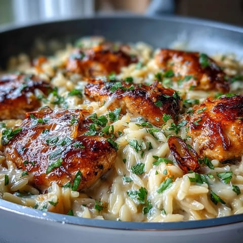 A close-up of One-Pot Creamy Garlic Parmesan Chicken Orzo, revealing the rich sauce, tender orzo, and juicy chicken pieces.
