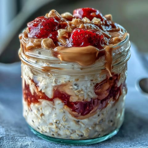 Thick layers of creamy peanut butter and fresh strawberry jam swirl in these High-Protein Peanut Butter & Jelly Overnight Oats, served in a glass jar.