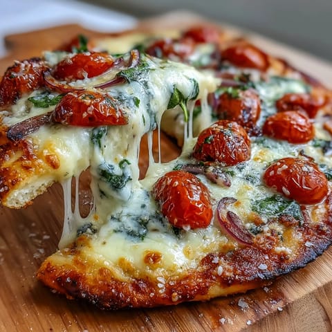 Freshly baked flatbread pizza made with garlic butter brushed naan, loaded with bubbling cheese and vibrant vegetables, served warm and ready to slice.