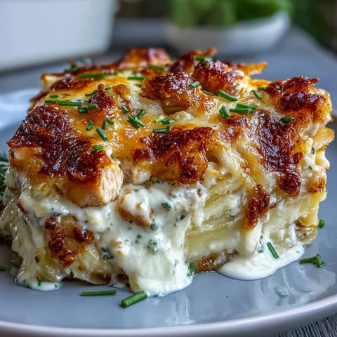 Layers of thinly sliced potatoes and tender chicken swim in a rich, ranch-seasoned cream sauce.