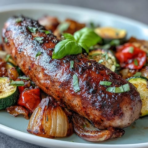 Colorful one-pan meal of Italian sausages, sweet bell peppers, zucchini, and onions, baked to perfection.  