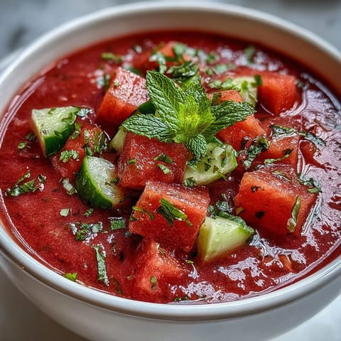 Vibrant vegan watermelon mint gazpacho with cucumber and lime, a chilled summer soup blending sweet fruit with fresh herbs.