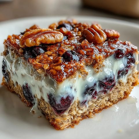 Hearty baked oatmeal filled with juicy blueberries and topped with a sweet vanilla Greek yogurt swirl, perfect for weight loss.  