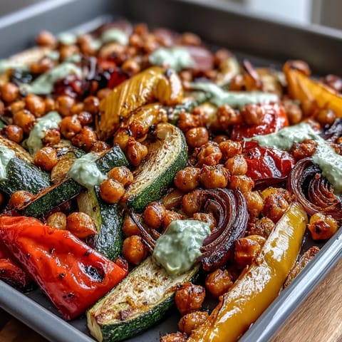 Vibrant sheet pan fajitas with rainbow veggies, chickpeas, and a creamy guac yogurt drizzle, served in warm tortillas.