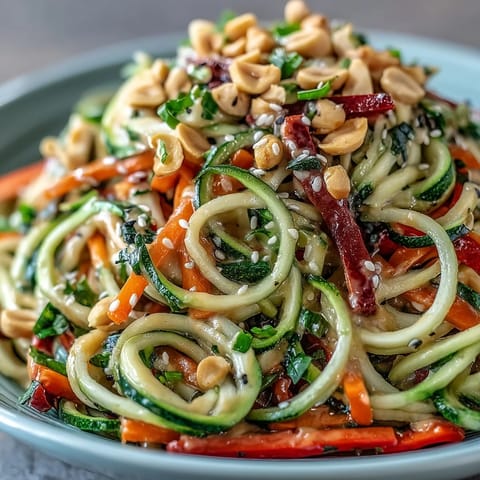 Refreshing spiralized zucchini noodles tossed with crisp vegetable ribbons and topped with roasted peanuts in a Thai-inspired peanut sauce.  